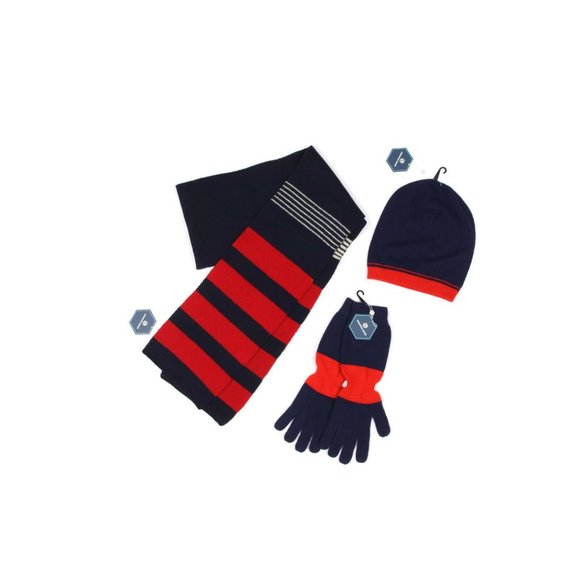 JONATHAN ADLER Navy Blue Red Striped Wool Scarf Glove Hat Beanie Set /018 main image 3